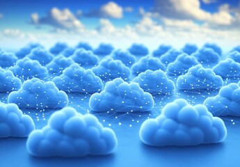 Aufkleber - Abstract Representation of Blue Clouds with Connected Dots Depicting Digital Networking and Technology Concept Against a Bright Sky Background