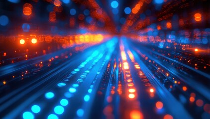 Poster - Abstract representation of data flow with vibrant blue and orange lights creating a dynamic visual effect, symbolizing speed and technology in the digital world.