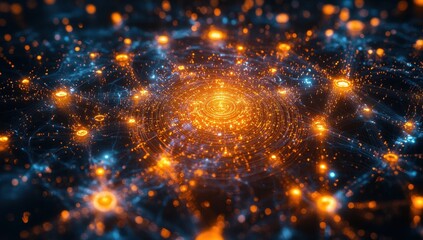 Poster - Abstract visualization of interconnected nodes and luminous particles forming an intricate digital network, representing data transfer and information flow in a futuristic environment