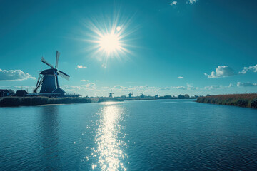 Wall Mural - Scenic view of windmills by a reflective river under a bright sun.