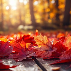Poster - Autumn background scene with red maple leaves on table with sunlight. Natural seasonal home decor for fall season, thanksgiving, halloween and holiday showroom.
