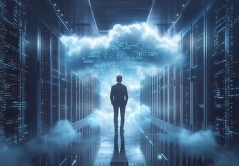 Poster - Businessman Standing in Data Center with Clouds Representing Cloud Computing and Digital Transformation, Symbolizing Technology and Innovation in Modern Industry