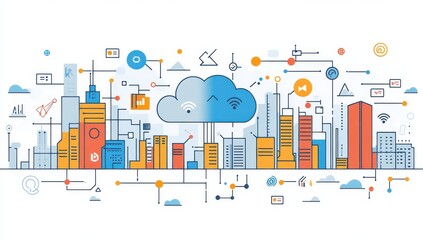 Aufkleber - City skyline with digital technology icons depicting connectivity, cloud computing, and data exchange in a modern urban environment for technology themes
