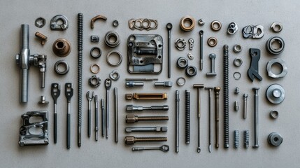 Poster - Collection of various car parts and tools laid out neatly, featuring bolts, nuts, spark plugs, and wrenches on a clean surface with room for text. Generative AI