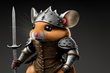 Wall Mural - Hamster dressed in holding a sword. Hamsters with black armor on a background. Hamsters in a cartoon armor with iron armor. Hamsters with a black background and lifestyle iron armor.