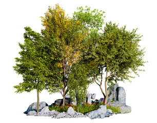 Poster - small tree group with rock and flower field PNG transparent background, 3d illustration rendering