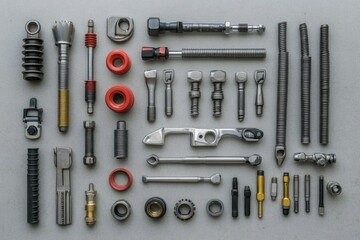 Poster - An assortment of car parts and tools, including bolts, nuts, and wrenches, laid out on a flat surface with ample space for text. Generative AI