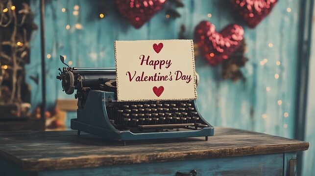 A plain desk with a typewriter and a Happy Valentine's Day note