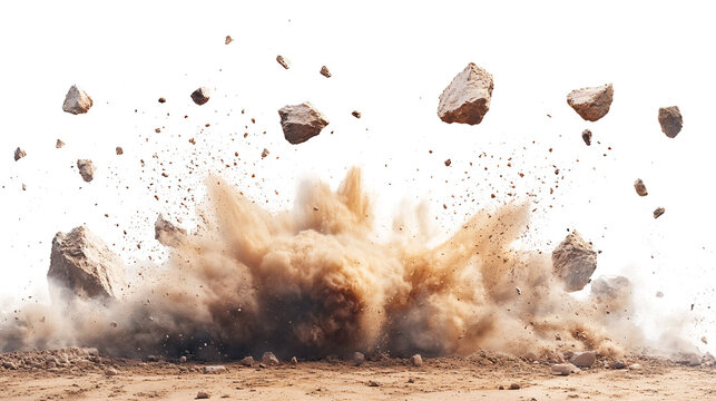 A powerful burst of brown earth and rocks explodes from the ground against a white and transparent background.