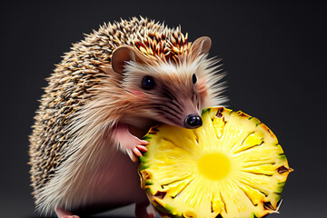 Wall Mural - Hedgehog eating pineapple. Hedgehog with pineapple on black background. Hedgehog with pineapple on a background of black tropics. A hedgehog with a pineapple on a background lifestyle of black.