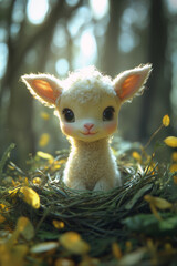 Wall Mural - Cute baby lamb in a nest with yellow leaves in forest in stylized 3d animation style. Little sheep puppet toy. Lamb of god. Symbol of Jesus Christ.