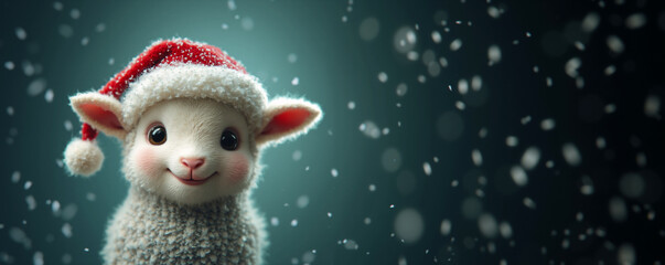 Wall Mural - Cute baby lamb in Santa hat with snowy green background with copy space for text. Little sheep puppet toy in 3d animation style. Christmas and New Year's day banner, poster.