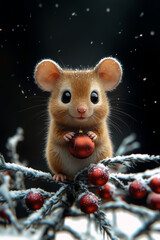 Wall Mural - Cute brown mouse with red Christmas ornament ball among snowy branches on dark backround. New Year's day, Christmas animal banner, poster, card.