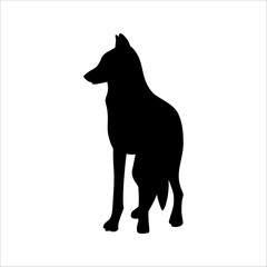 Wall Mural - Isolated black silhouette of standing wolf on white background. Black flat cartoon wolf. Front view.