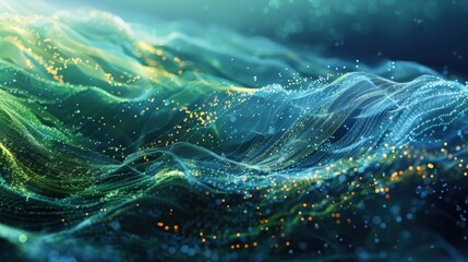Poster - Abstract visualization of big data flowing like ocean waves with glowing particles and dynamic lines, representing the vastness and complexity of information in digital cyberspace