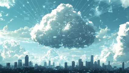 Poster - Cloud computing concept above urban skyline with digital network connections, showcasing advanced technology and modern city life under a bright blue sky with fluffy clouds.