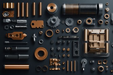 Poster - Various car engine components, including pistons, gears, and valves, are arranged on a dark surface, creating a visually appealing layout for design. Generative AI