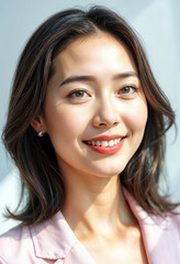 smiling beautiful young asian woman in casual attire natural lighting positive energy close-up portrait vertical format