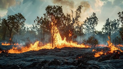 Poster - Molten lava engulfing trees and vegetation. 