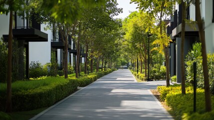 Naklejka na meble peaceful pathway lined with trees and modern architecture