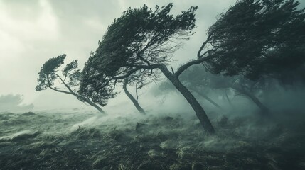 Poster - Powerful hurricane winds bending trees and blowing debris. 