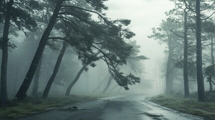 Poster - Powerful hurricane winds bending trees and blowing debris. 