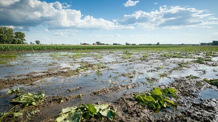 Poster - Flooded farmland with damaged crops. 