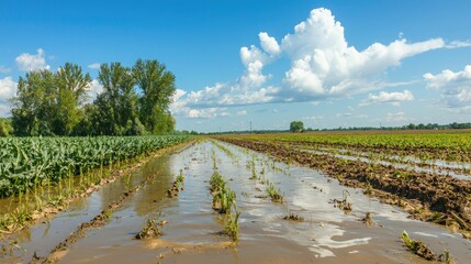 Poster - Flooded farmland with damaged crops. 