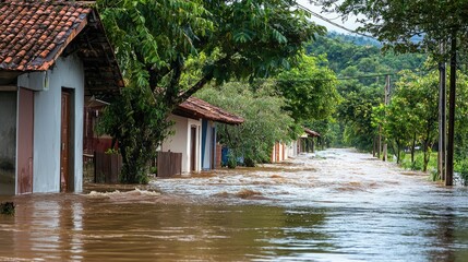 Poster - Overflowing river flooding nearby houses and roads. 