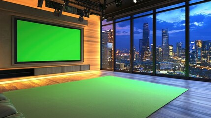 Poster - Brightly lit TV studio with green screen. 