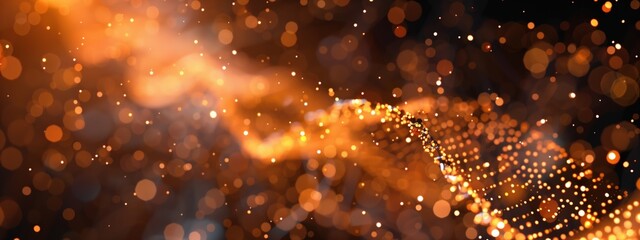 Wall Mural - Golden sparkles and particles on dark background. Magic atmosphere concept