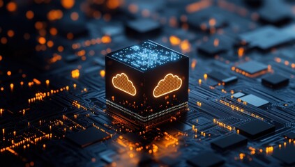 Poster - Digital Cloud Computing Concept with Futuristic Circuitry and Data Transmission, Showcasing Technology, Innovation, and Modern Networking Solutions