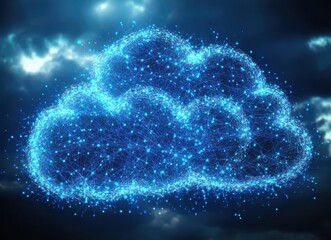 Poster - Digital Cloud Technology Concept with Blue Network Connecting Dots and Lines on a Dark Background Representing Data Transfer and Connectivity