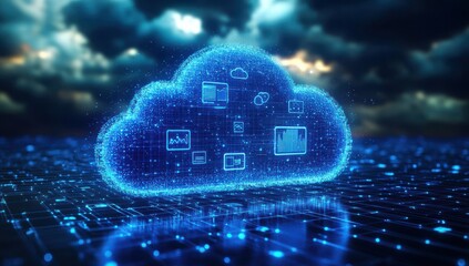 Poster - Digital cloud technology illustration showcasing data transfer and connectivity with glowing icons representing various cloud services against a dramatic sky background