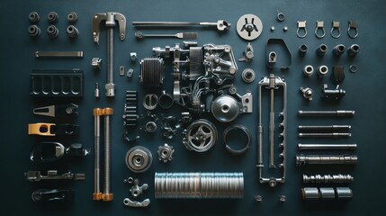 Poster - Car engine parts are meticulously organized, showcasing pistons, gears, belts, and valves, creating an ideal copy space for additional text. Generative AI
