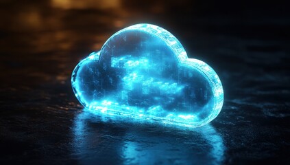 Poster - futuristic blue cloud icon with digital elements on dark reflected surface for technology and data s