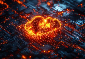 Aufkleber - Futuristic Cloud Computing Concept with Digital Circuit Design and Glowing Orange Neon Lights for Technology and Innovation Illustrations