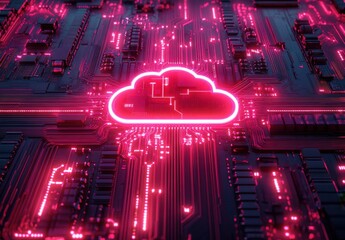 Poster - Futuristic Cloud Computing Concept with Neon Circuit Board in Background Representing Digital Technology and Data Storage Solutions