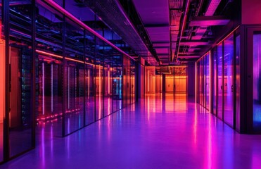 Aufkleber - Futuristic Data Center Interior with Colorful Lights, Reflective Floors, and High-Tech Server Racks Illustrating Modern Technology and Digital Innovation