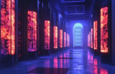 Poster - Futuristic Data Center with Glowing Panels and Ambient Lighting, Showcasing Advanced Technology and Innovative Design in a High-Tech Environment