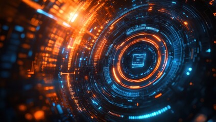 Poster - Futuristic Digital Abstract Background with Glowing Blue and Orange Circles Creating a Technology-Inspired Visual Effect Ideal for Digital Media and Graphic Design