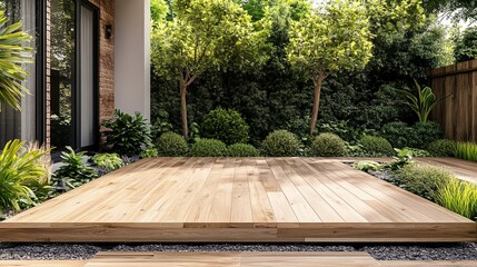 beautiful modern backyard with wooden deck surrounded by lush greenery, perfect for relaxation and o
