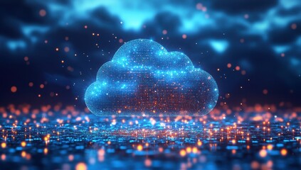 Poster - Futuristic Digital Cloud with Blue Light Particles and a Dark Background Representing Data Storage and Connectivity in a Technology Concept