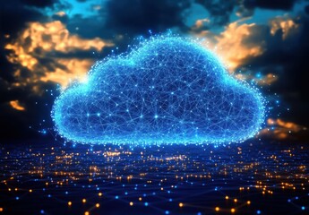Poster - Futuristic Digital Cloud with Network Connections Illuminated by a Dazzling Sky in the Background, Representing Data Storage and Technology Innovations