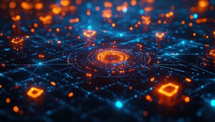 Poster - Futuristic Digital Connection Illustration with Glowing Nodes and Networks Representing Data Flow and Technological Integration in a 3D Environment