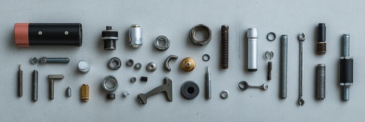 Poster - Various car parts and tools such as bolts, nuts, spark plugs, and wrenches are neatly arranged on a smooth surface, allowing for easy identification. Generative AI