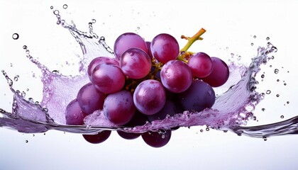 fresh ripe grapes with water splash isolated on white background highlighting natural freshness and juicy aesthetic in vibrant purple