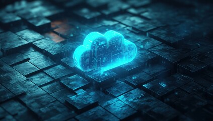 Poster - Futuristic Glowing Cloud Technology Concept in a Dark Digital Environment with Illuminated Blocks and a High-Tech Aesthetic Ideal for Modern Innovations and Digital Services
