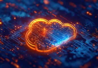 Poster - Futuristic Illustration of Cloud Technology with Digital Circuitry and Neon Glow, Represents Data Storage and Connectivity in a High-Tech Environment