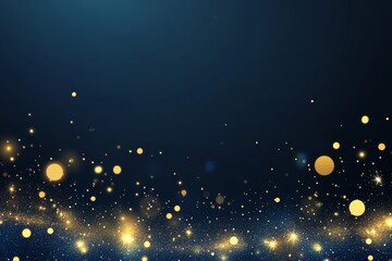 Abstract dark blue background with golden glitter and bokeh lights.